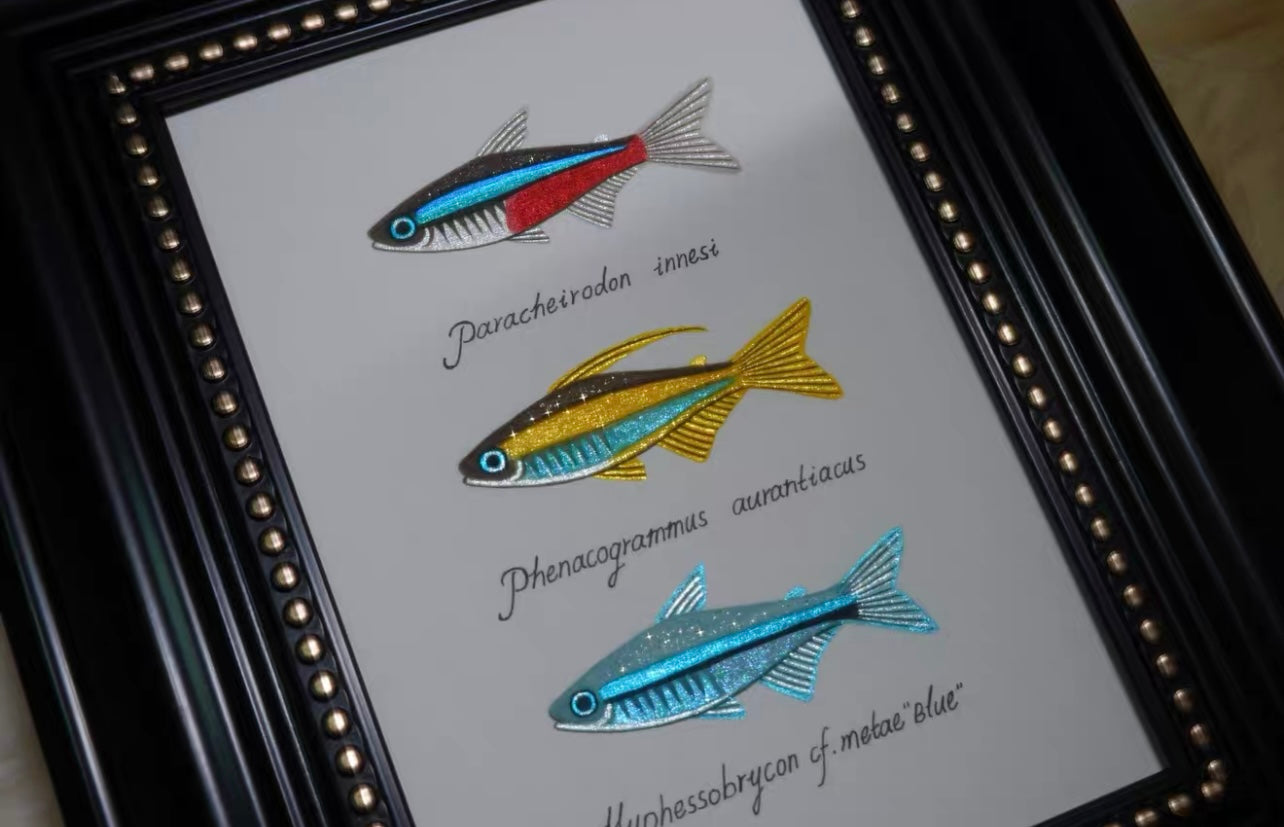 Handcrafted 3D Fish Art Frame – Metallic Embroidery Wall Decor for Home & Studi