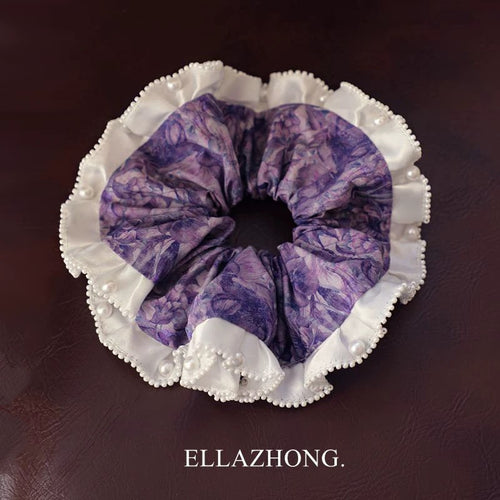 Handmade Vintage Purple “Dream” Pearl & Lace Scrunchie – Sweet Ballet‑Style Hair Tie