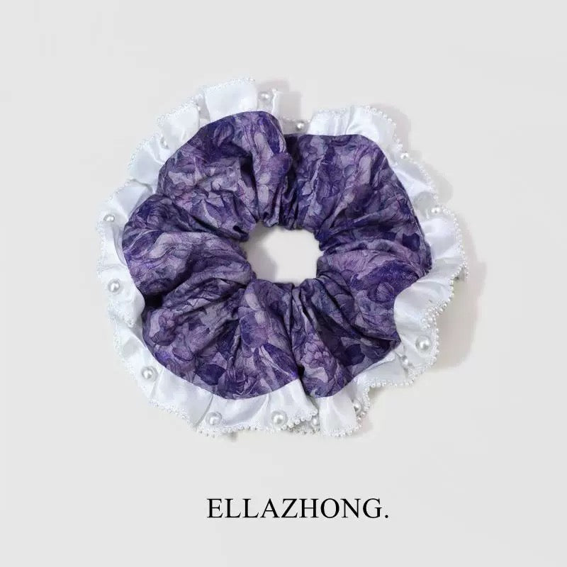 Handmade Vintage Purple “Dream” Pearl & Lace Scrunchie – Sweet Ballet‑Style Hair Tie
