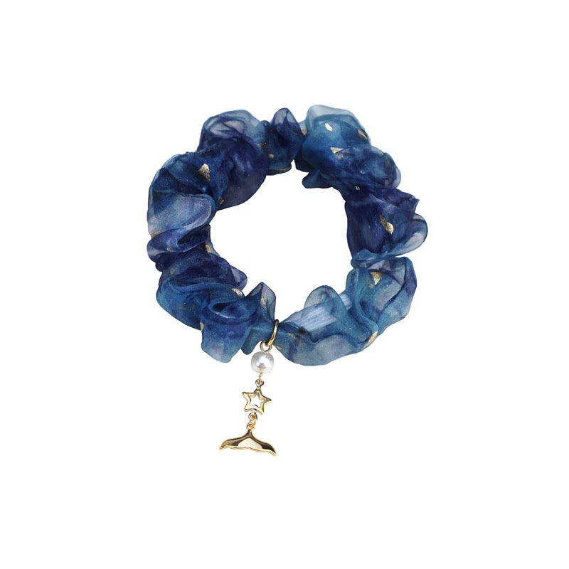 Original Design Blue “Mermaid Princess” Chiffon Scrunchie Hair Tie – Ethereal Vacation Hair Accessory, Sweet Fairy‑Chic Hair Ring