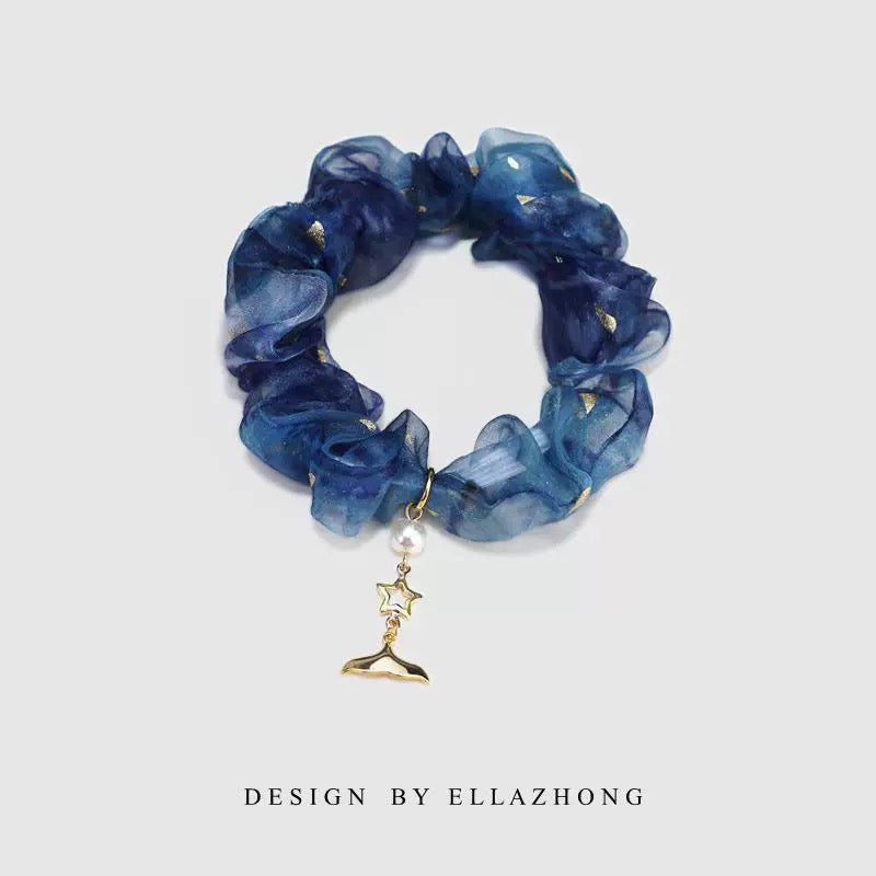 Original Design Blue “Mermaid Princess” Chiffon Scrunchie Hair Tie – Ethereal Vacation Hair Accessory, Sweet Fairy‑Chic Hair Ring