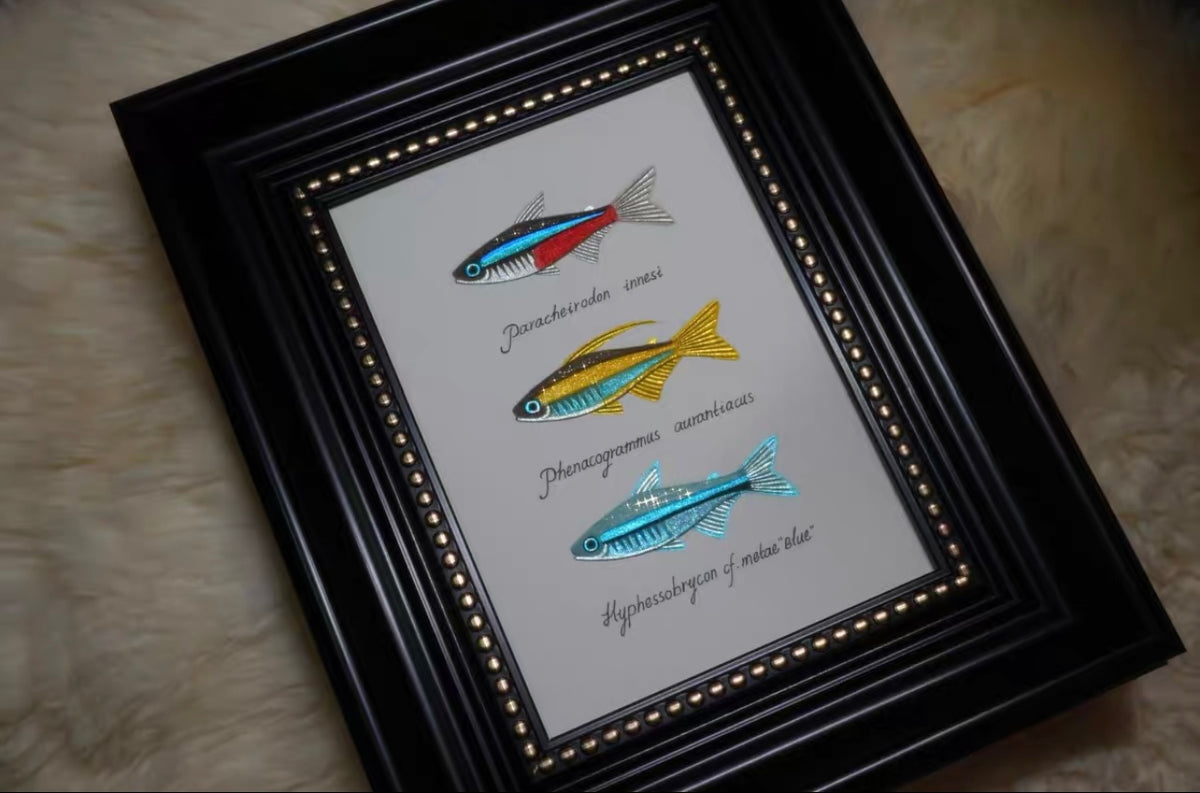 Handcrafted 3D Fish Art Frame – Metallic Embroidery Wall Decor for Home & Studi