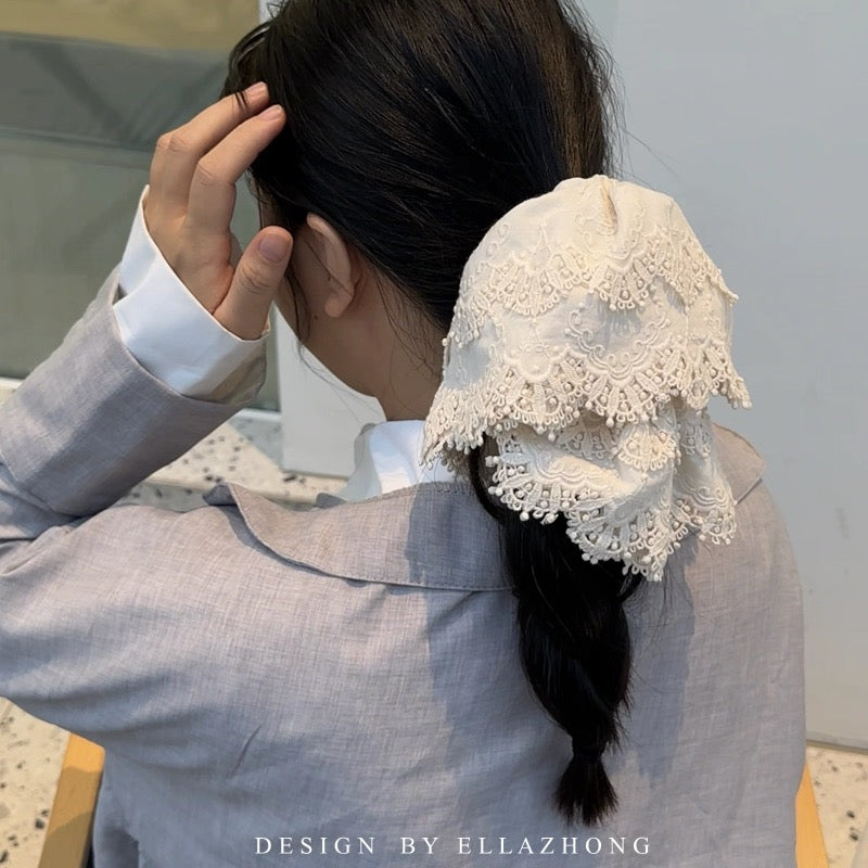 Handmade Cotton Lace Scrunchie – Oversized Korean Vintage Low‑Ponytail Hair Tie, Sweet Romantic Hair Accessory