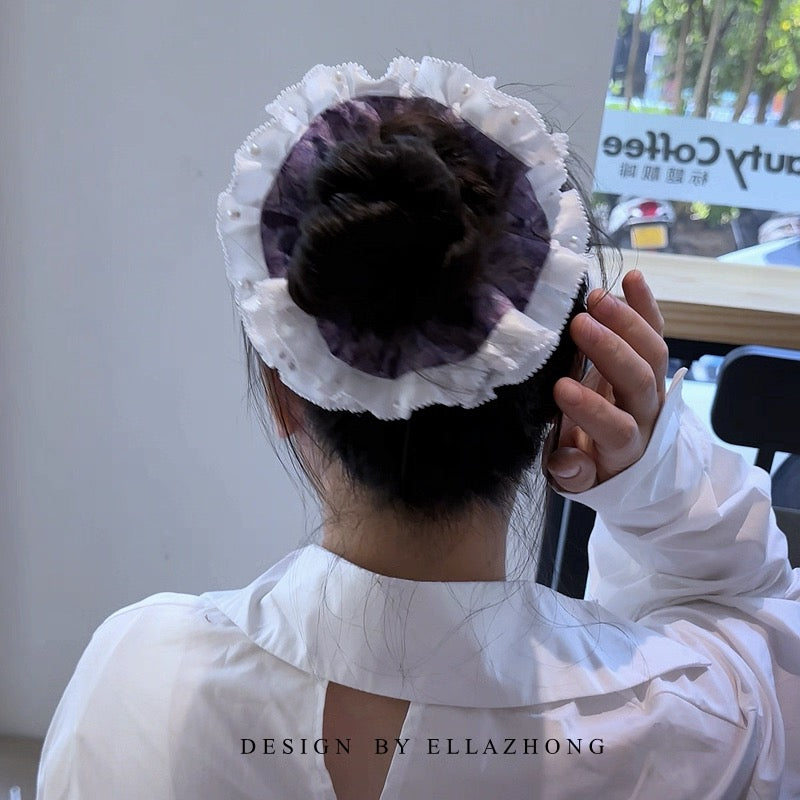 Handmade Vintage Purple “Dream” Pearl & Lace Scrunchie – Sweet Ballet‑Style Hair Tie