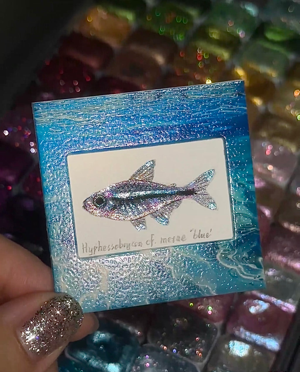 Hand-Painted Pearl Watercolor Fish “Blue Glow” – Pre-Order Mini Art | Optional Magnet/Charm | Comes with Acrylic Frame & Protector