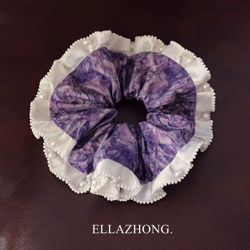 Handmade Vintage Purple “Dream” Pearl & Lace Scrunchie – Sweet Ballet‑Style Hair Tie