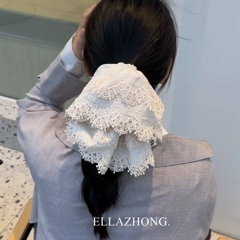 Handmade Cotton Lace Scrunchie – Oversized Korean Vintage Low‑Ponytail Hair Tie, Sweet Romantic Hair Accessory