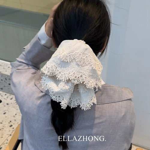 Handmade Cotton Lace Scrunchie – Oversized Korean Vintage Low‑Ponytail Hair Tie, Sweet Romantic Hair Accessory
