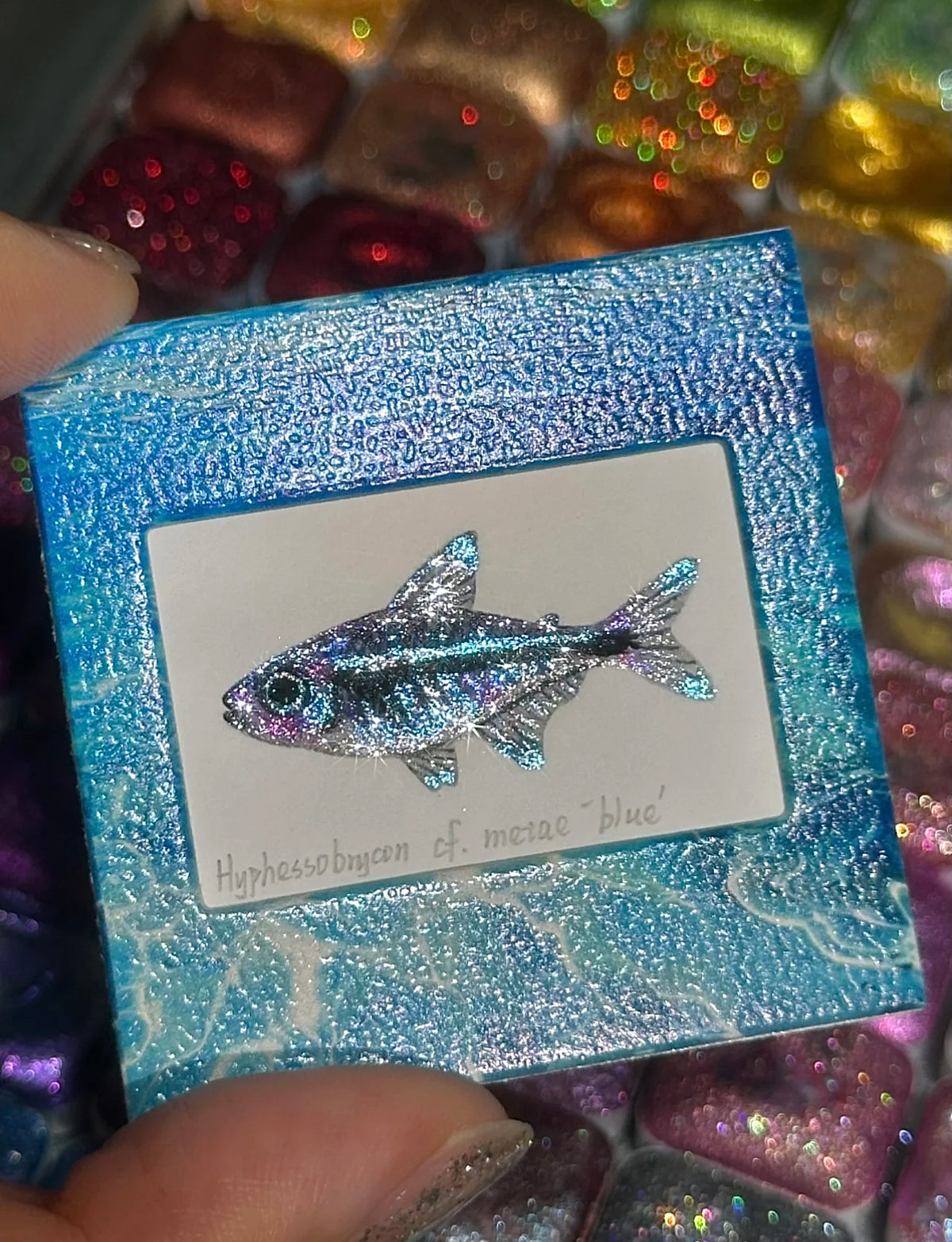 Hand-Painted Pearl Watercolor Fish “Blue Glow” – Pre-Order Mini Art | Optional Magnet/Charm | Comes with Acrylic Frame & Protector
