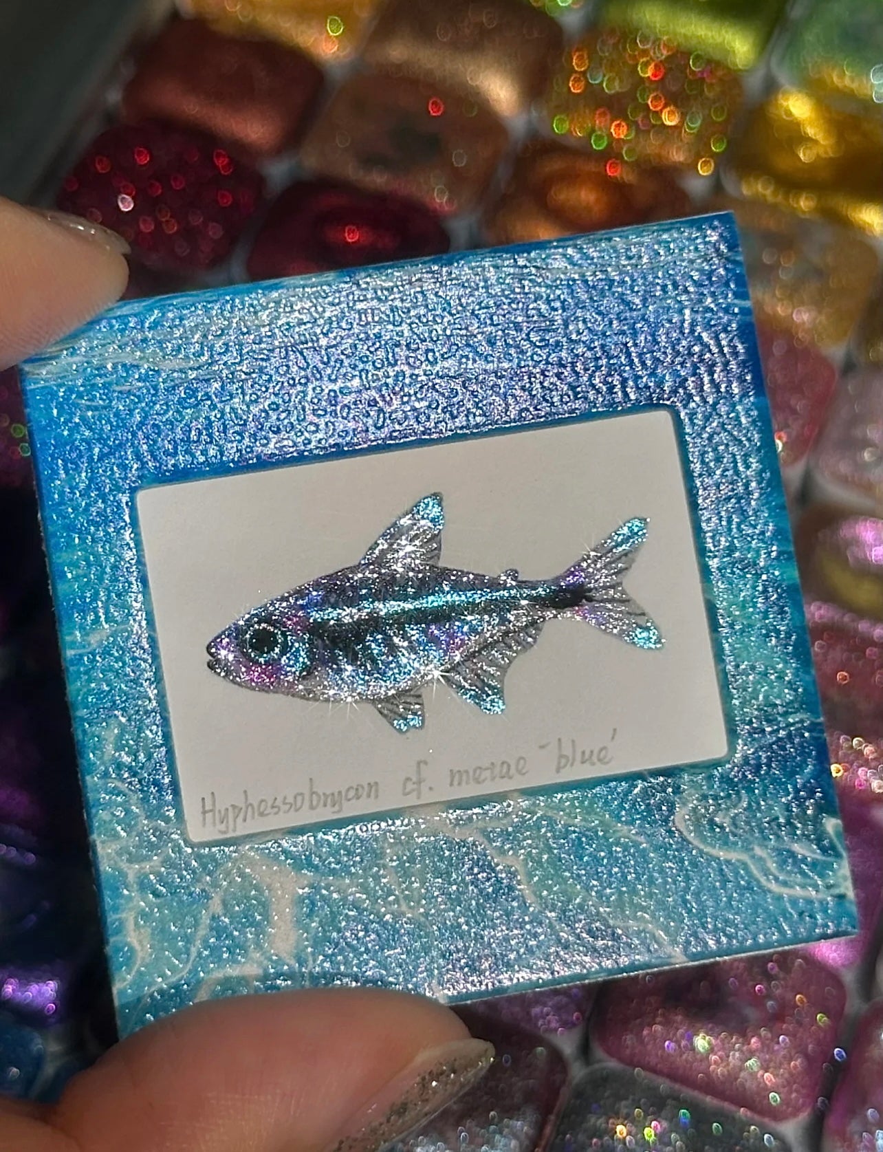 Hand-Painted Pearl Watercolor Fish “Blue Glow” – Pre-Order Mini Art | Optional Magnet/Charm | Comes with Acrylic Frame & Protector