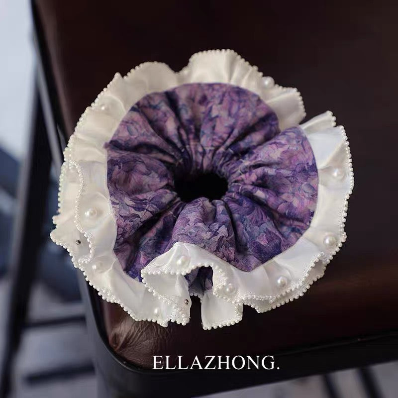 Handmade Vintage Purple “Dream” Pearl & Lace Scrunchie – Sweet Ballet‑Style Hair Tie