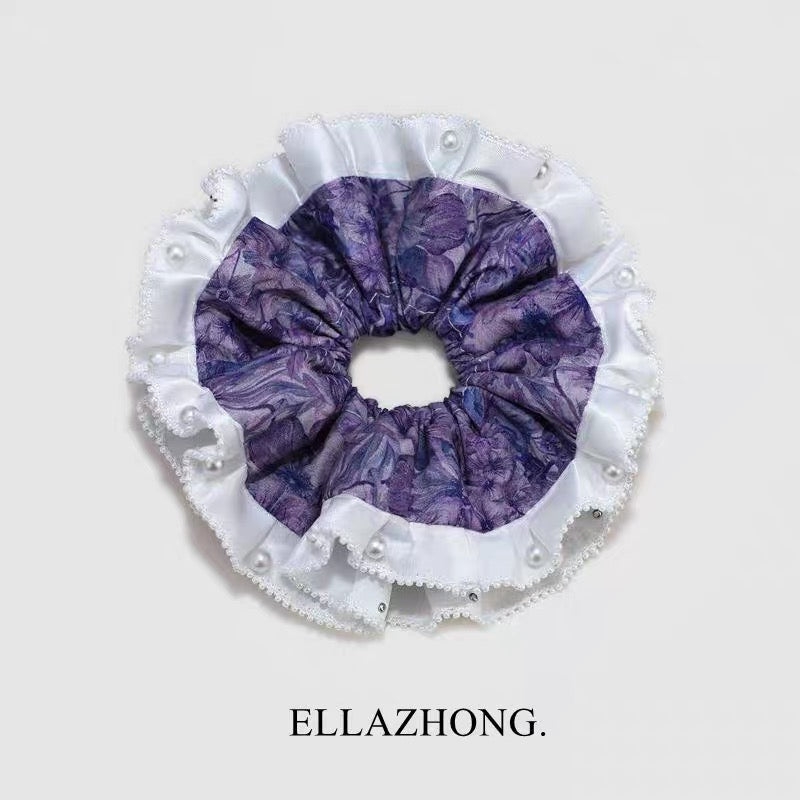 Handmade Vintage Purple “Dream” Pearl & Lace Scrunchie – Sweet Ballet‑Style Hair Tie