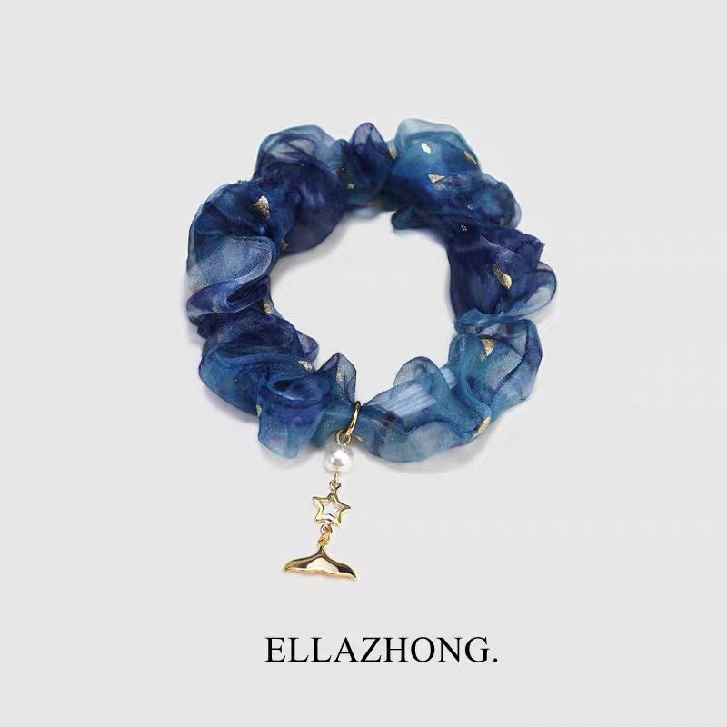 Original Design Blue “Mermaid Princess” Chiffon Scrunchie Hair Tie – Ethereal Vacation Hair Accessory, Sweet Fairy‑Chic Hair Ring